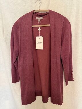 Evolution Open-Front Long Cardigan Sweater in Berry 3/4 sleeves